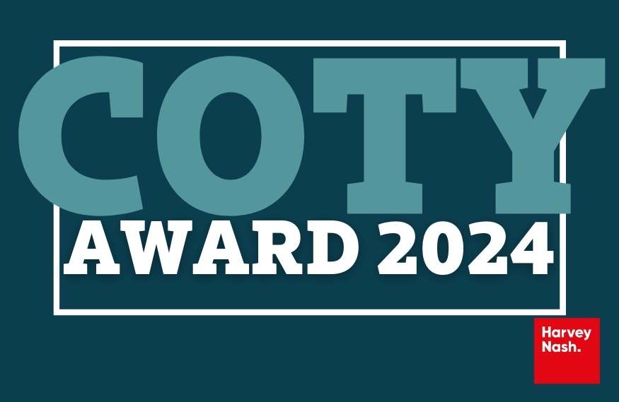 Blue background with 'COTY Award 2024' and Harvey Nash logo 
