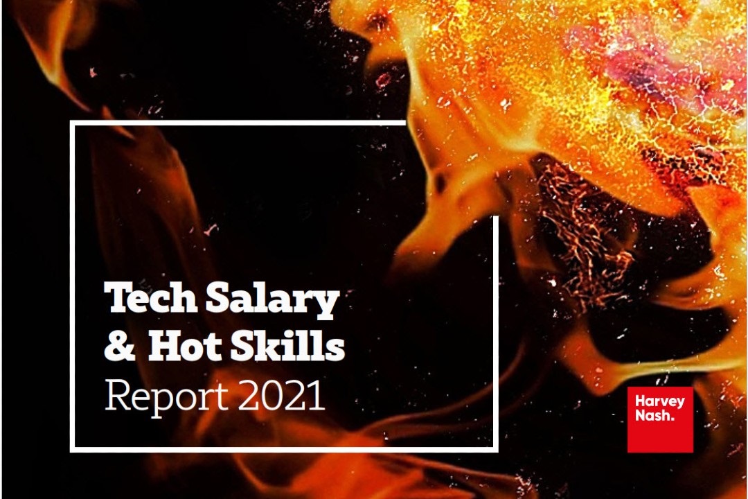 Tech salary and hot skills report front cover with flames and harvey nash logo