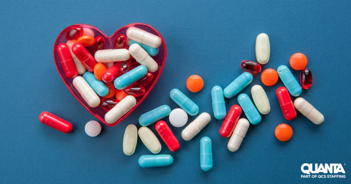 heart shaped bowl filled with pharmaceutical pills