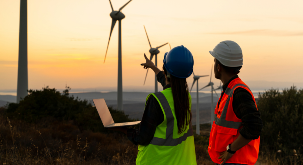 two people wearing hard hats and high visibility vests looking at a laptop and pointing at wine turbines in the distance