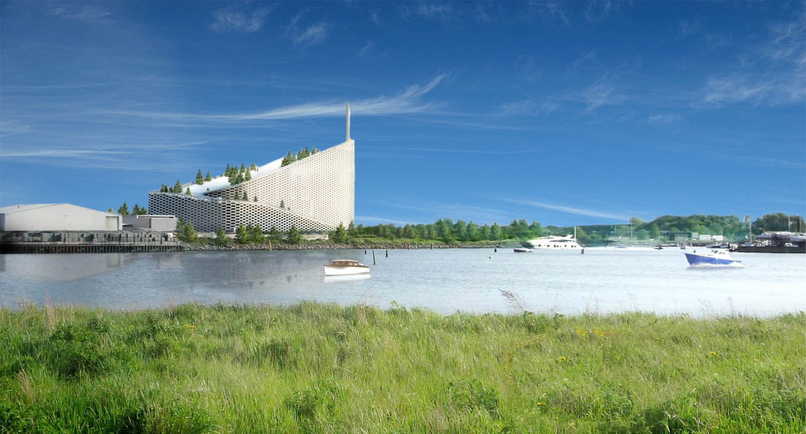 lake with boats and a building in the background with trees growing on the roof