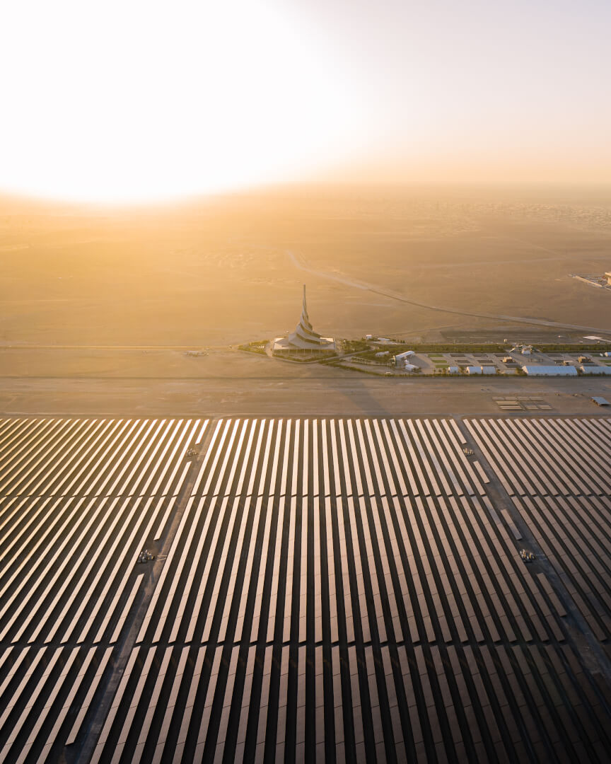 aerial view of the Solar Innovation Centre with thousands of photovoltaic cells and solar panels in the desert in Dubai