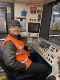 Photo of Fraser Pinnock from AtkinsRéalis in a railway cab