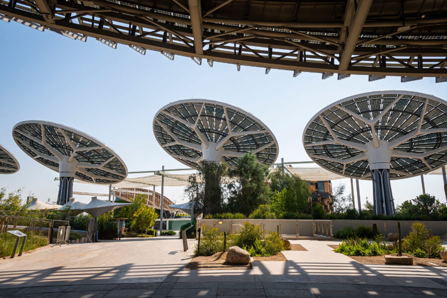 large solar panels on the background of the sky in sunlight. The concept of green energy in the future. alternative renewable energy sources