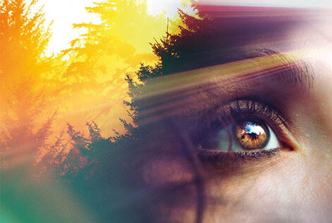 Image of a face with a sunset forest background