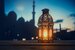 Ramadan Kareem greeting photo with serene mosque background with beautiful glowing lantern.