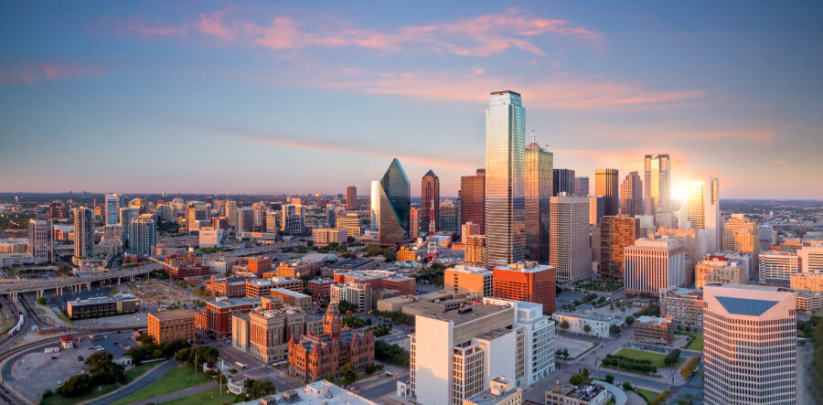 Dallas, Texas cityscape with blue sky at sunset, Texas