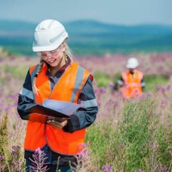 girl in high visibility jacket and chart walking through fields