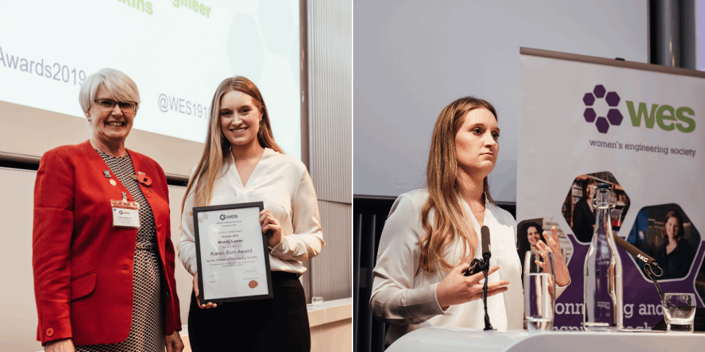 split image of Mandy receiving an award and of her presenting