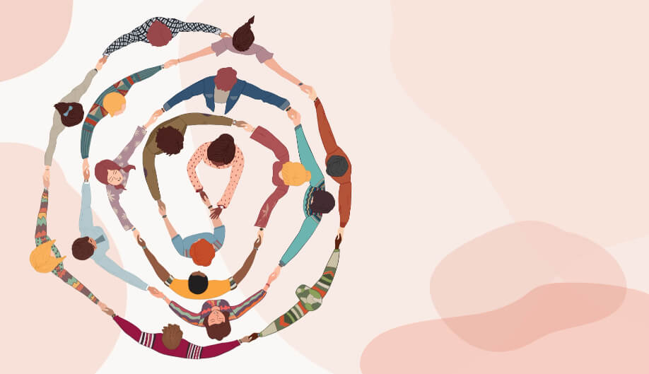 Group of people in circle from diverse culture holding hands.Cooperation and teamwork.