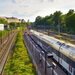 train at a station with a line of trees beside