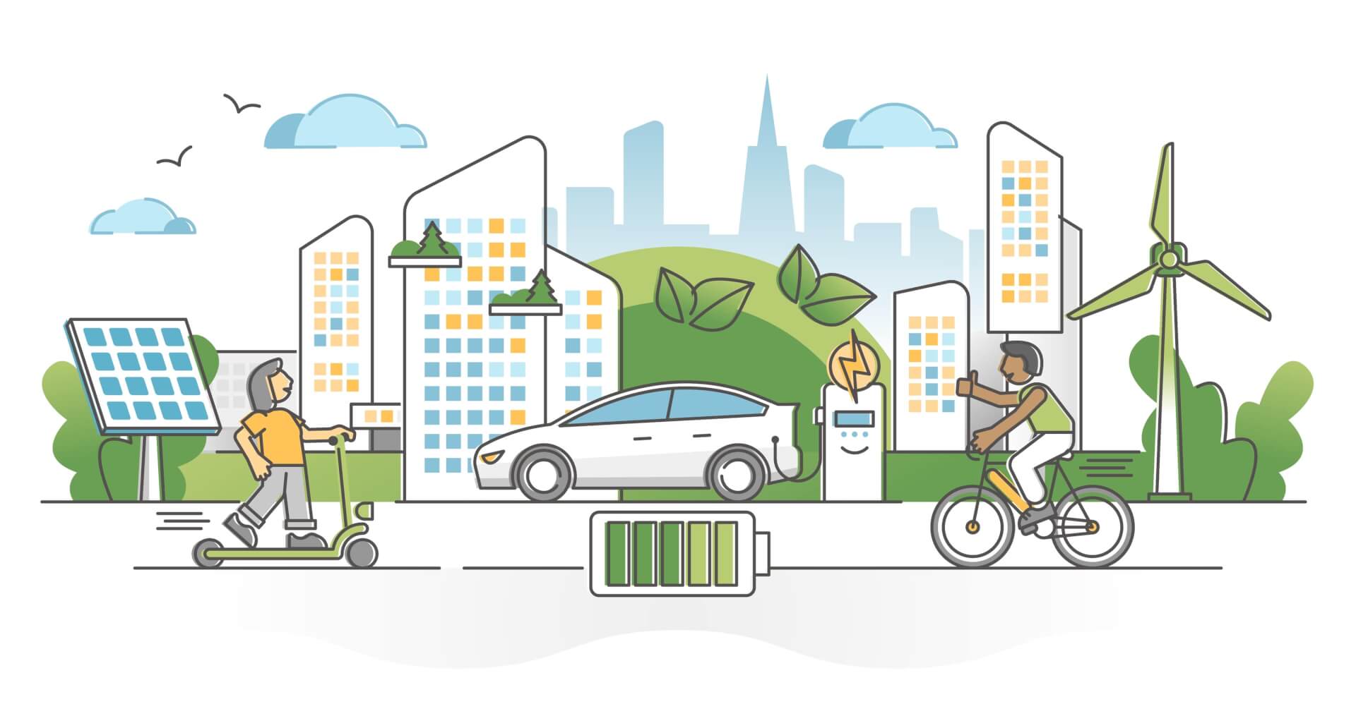 graphic image of people using green energy transport