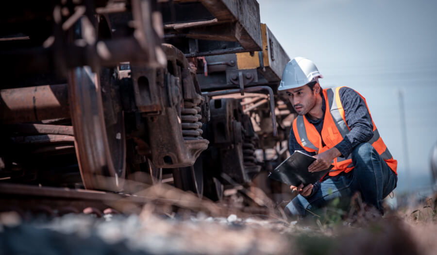 rail engineer inspecting train on track