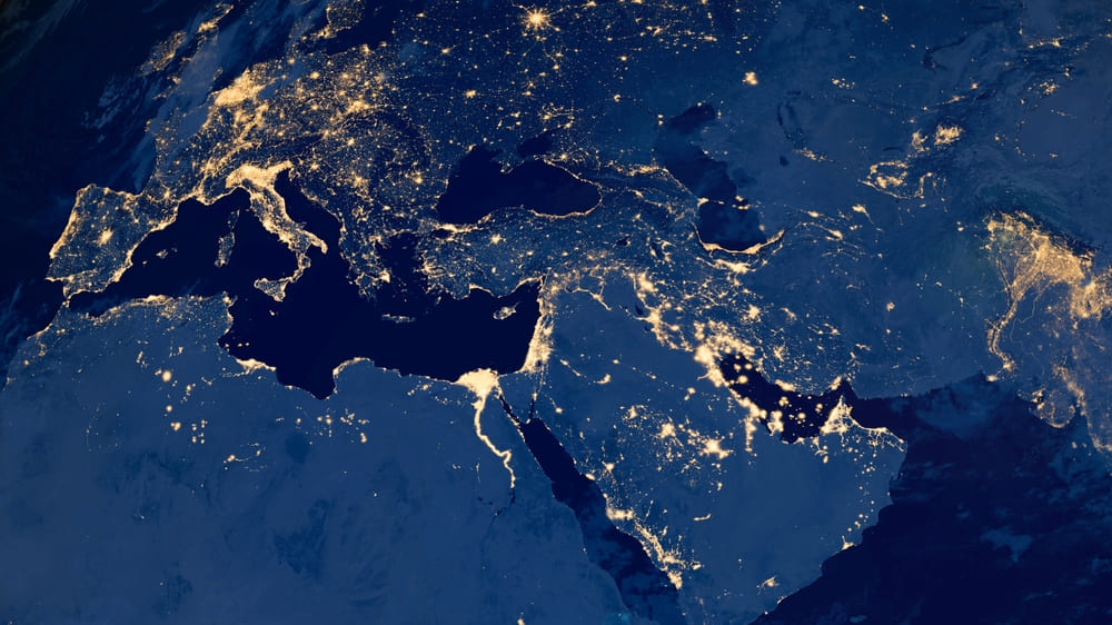 Earth photo at night, City Lights of Europe, Middle East, Turkey, Italy, Black Sea, Mediterrenian Sea from space, World map on dark globe on satellite HD photo.Elements of this image furnished by NASA