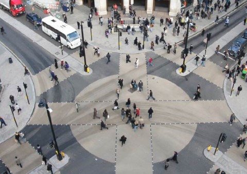 A photo of oxford circus from above