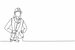 Single continuous line drawing of female in suit and hard hat holding rolled up papers
