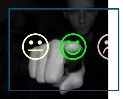 An image of a person pointing at a smiley face to highlight a good service