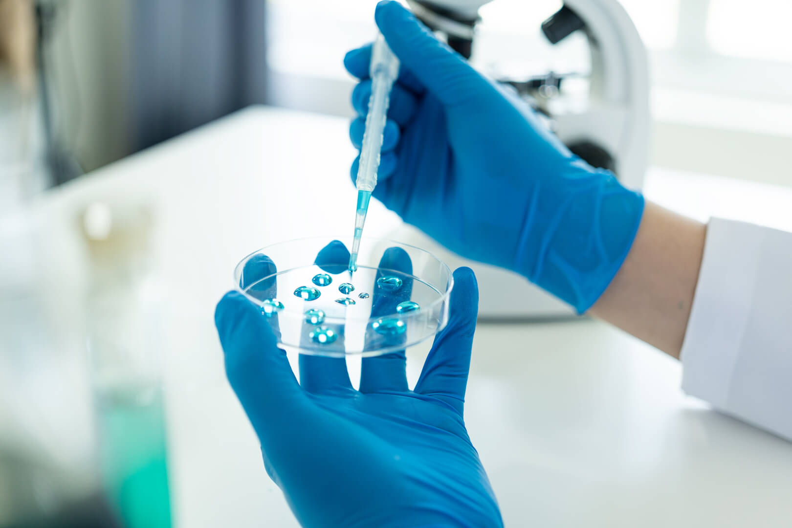 A scientist in a lab coat and blue latex gloves holding a pipette and a petri dish