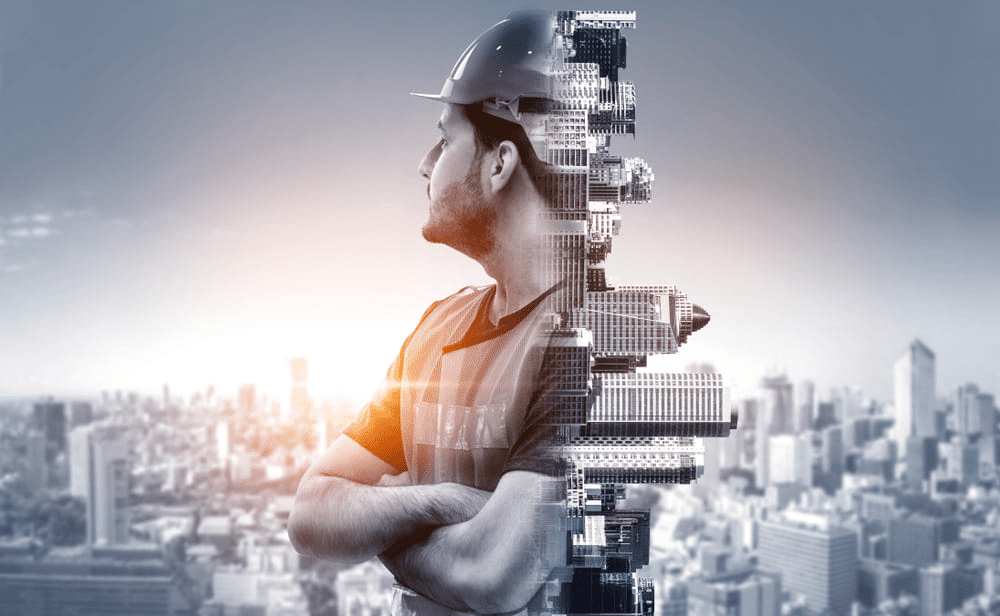 Future building construction engineering project concept with double exposure graphic design for construction recruitment