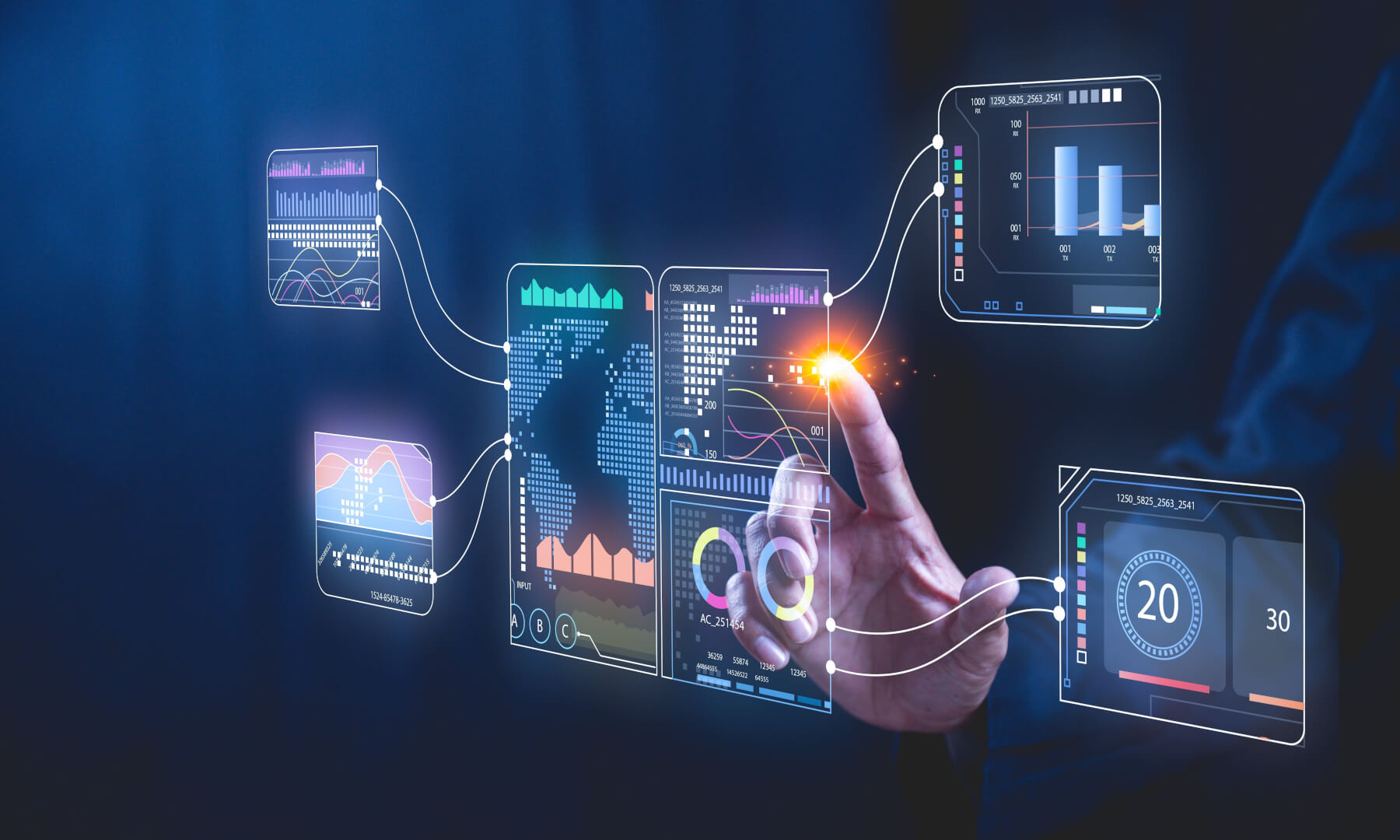 Analytics and Data Management System on computer with digital, off the screen icons and a hand tapping them