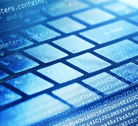 a keyboard with a blue light effect and some code in the bottom corner of the image