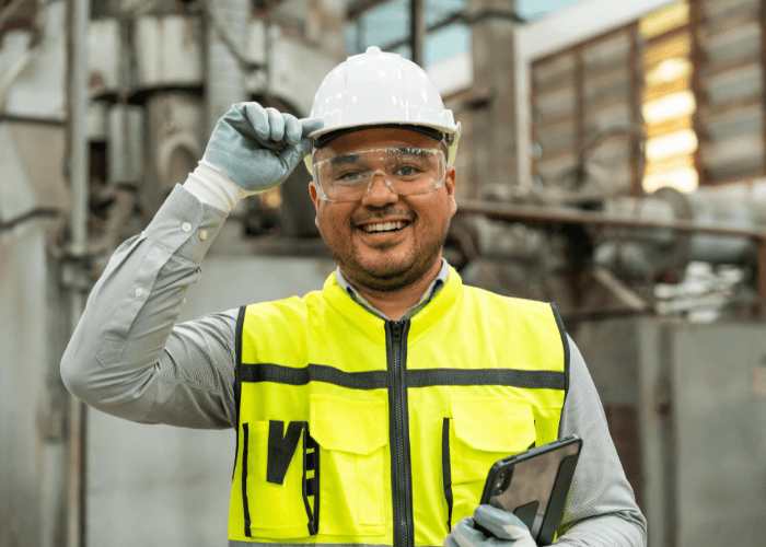 Engineer smiling wearing protective gear.