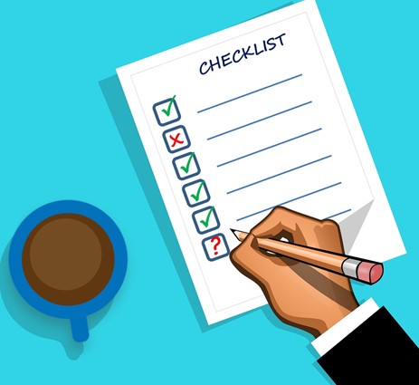 Colourful cartoon image of a checklist and a cup of coffee.