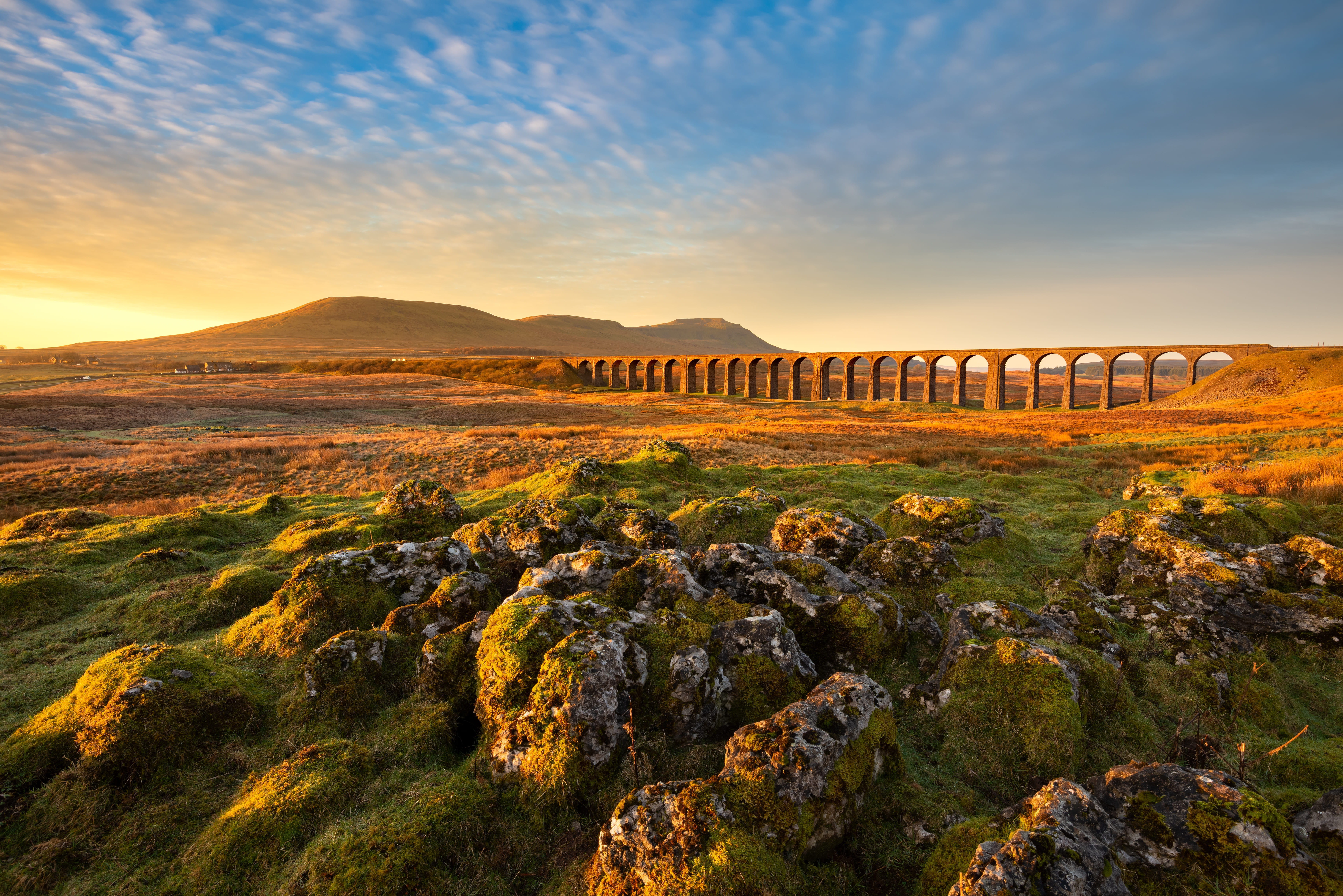 yorkshire green landscapes with a bridge and sunset