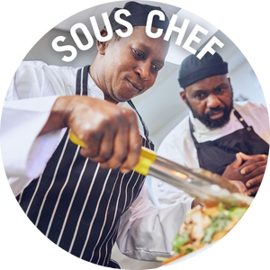 Sous chef plates up food with chef in the background. Banner reads 'Sous Chef'