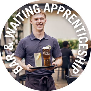 Bar & Waiting Apprentice carrying drinks on a tray. Banner reads 'Bar & Waiting Apprenticeships'
