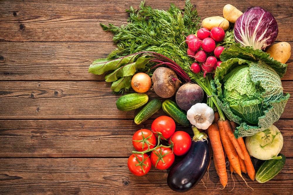 fruit and veg on wooden board
