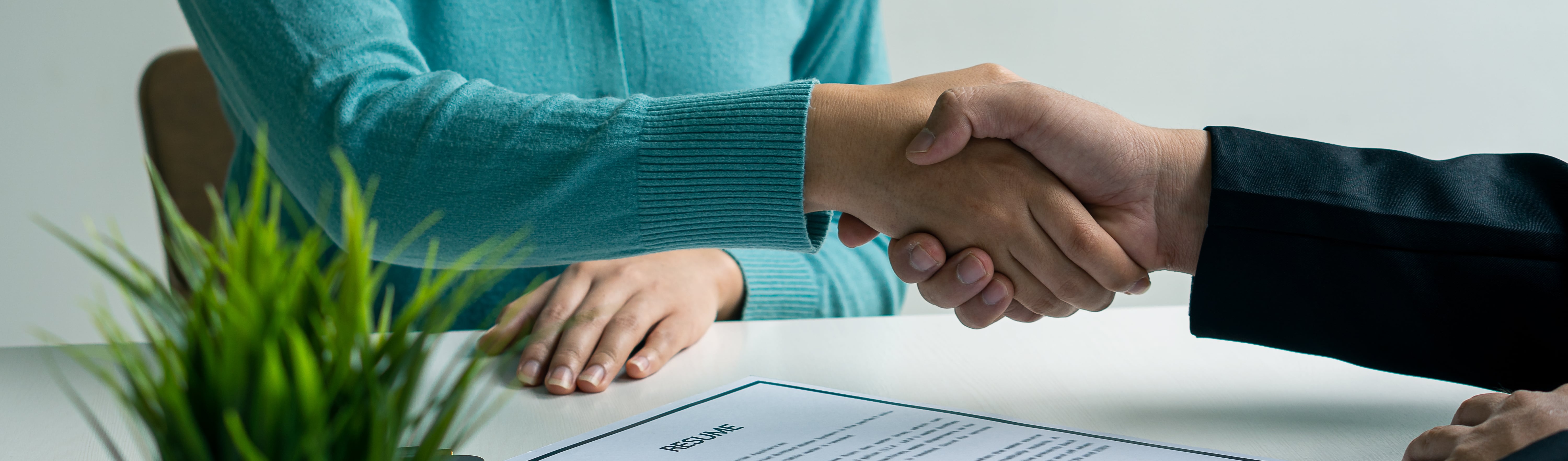 a resume sits on a desk next to a plant and a laptop. Two people are shaking hands over it