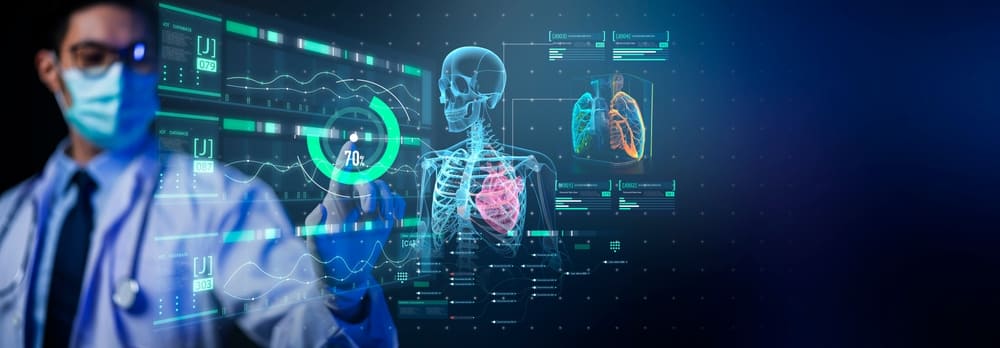 Healthcare doctor using medical remote technology, futuristic concept, digital floating visuals of VR examination and diagnosis, tracking wearable device readings