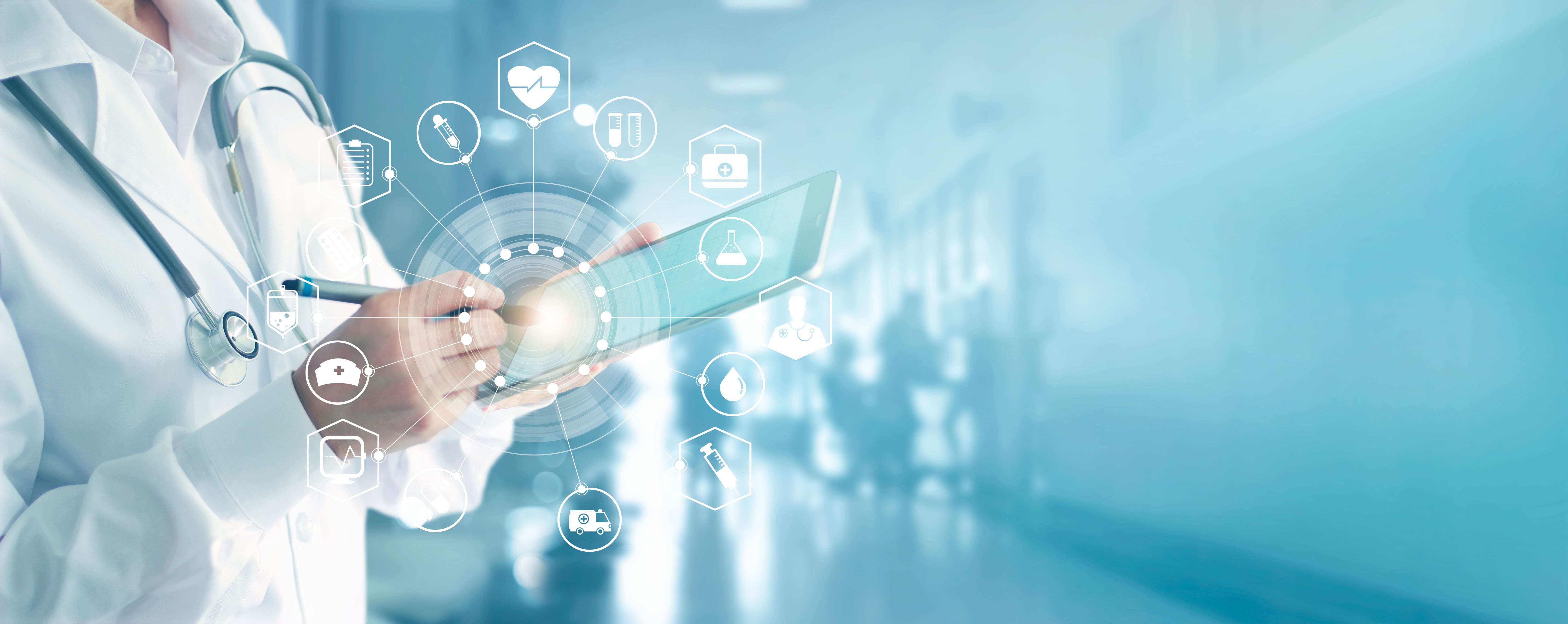 Medicine doctor and stethoscope touching icon medical network connection with modern interface on digital tablet in hospital background. Medical technology network concept