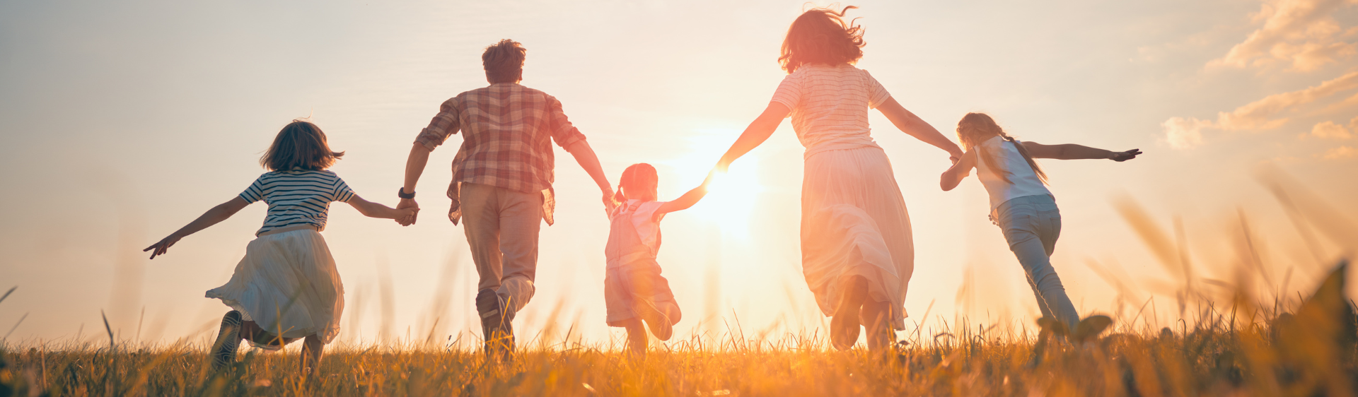 Family holding hands in a field