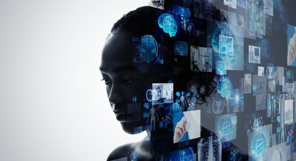 side profile of woman's face with collage of brain scans