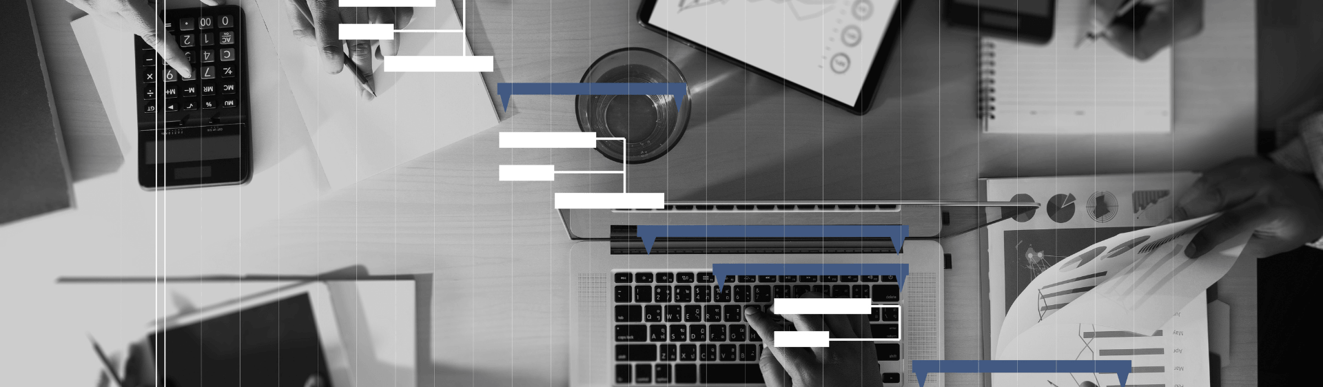 Project Management styled image of laptop and charts