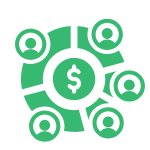 This is an image of a green icon, of eight people gathered in a circle