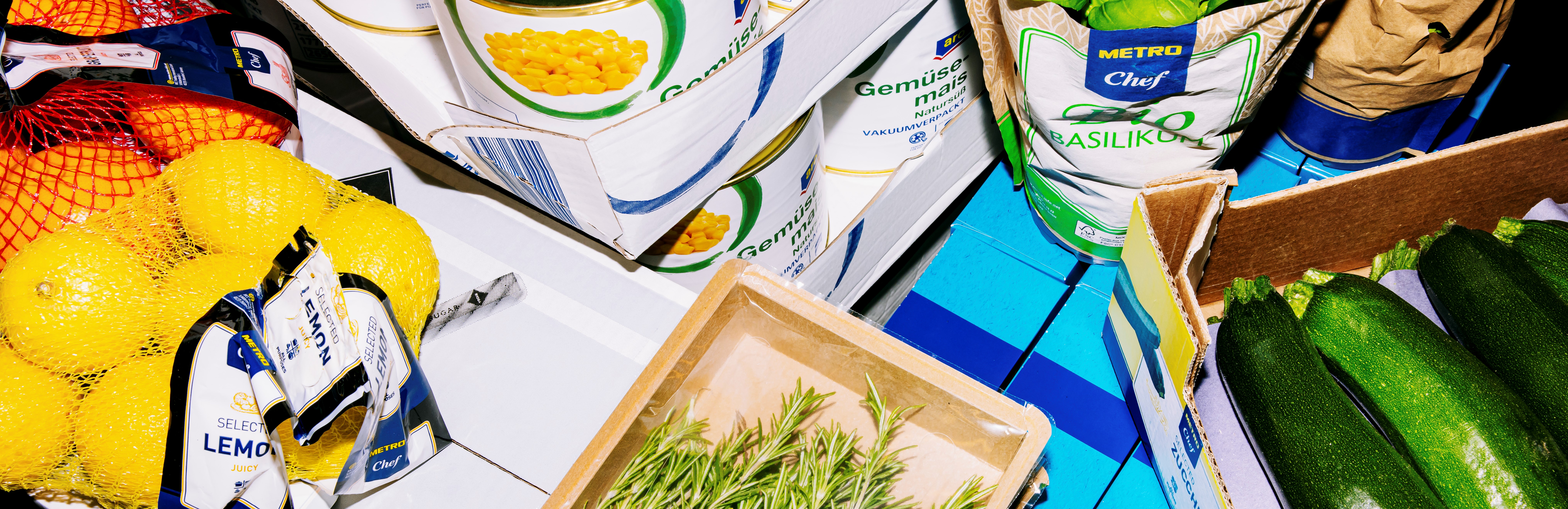 fresh produce and products packed in company branded packaging 