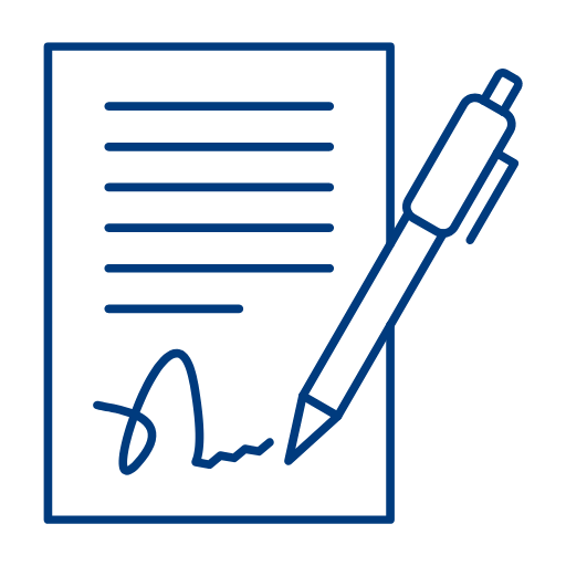 an icon image showing a signed paper with a pen representing a signed contract