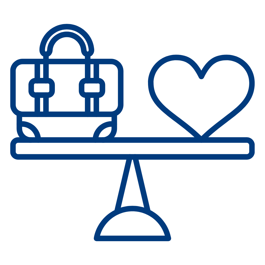 a balanced weighing scale with a office bag on the left and a heart on the right representing work life balance