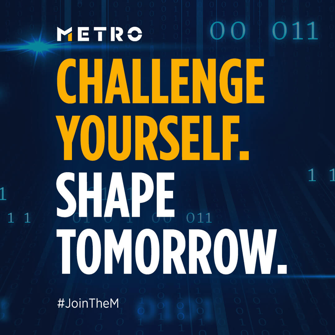 text written in bold that reads Challenge yourself. Shape Tomorrow written in orange and white respectively over a blue futuristic back drop with the company logo and a hashtag in white that reads join the M.