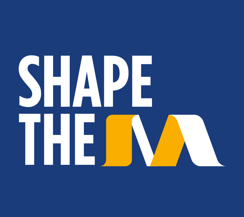 company manifesto shape the M written in a bold white font against a blue backdrop 