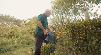 Image of a man watering plants and flowers