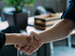 Successful job interview. Man and woman handshake.