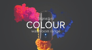 Signature colour washroom range art piece (black soap dispenser surrounded by coloured clouds
