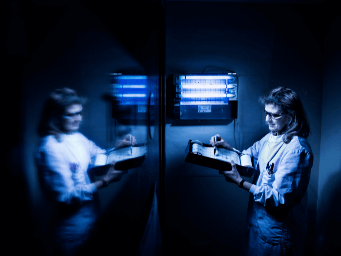 Scientist measuring electronic fly trap