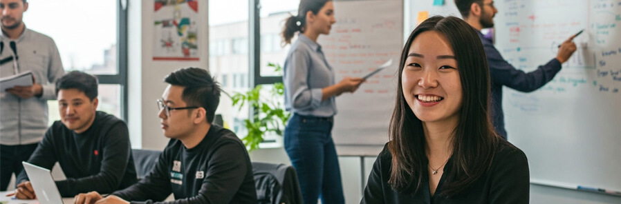 A young woman with long, dark hair is smiling at the camera. She's in an office setting, with a whiteboard and other people in the background. She's at a table with two men who are looking at a laptop. In the background, a man is writing on a whiteboard while another woman stands near him.