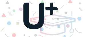 Logo de U+, nuestra plataforma online de formación, en el fondo de la imagen, el icono de un birrete y confetti