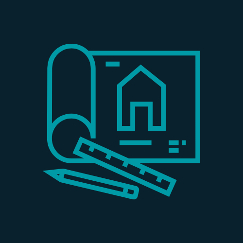 Um ícone na cor azul-petróleo em um fundo azul-petróleo escuro representando ferramentas arquitetônicas. O ícone inclui uma planta enrolada com o contorno de uma casa, uma régua e um lápis, simbolizando o design e o planejamento na arquitetura. O design geral é limpo e moderno, enfatizando a construção e o desenho.